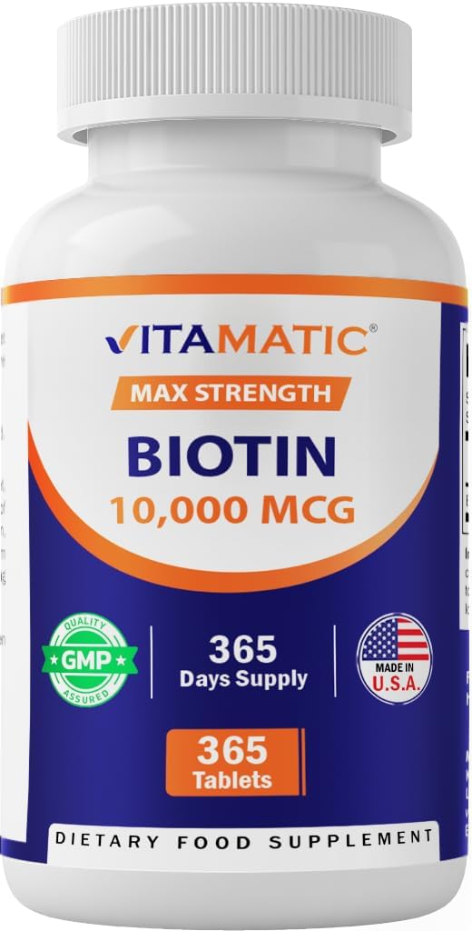 Vitamatic Biotin 10,000 mcg for Stronger Hair, Skin & Nails – 365 Vegan Tablets- Also Called Vitamin B7