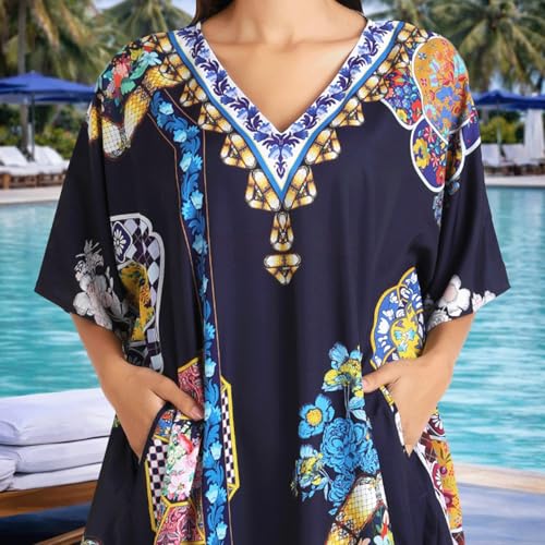 Image of Miss Lavish London Navy Kaftan Dresses for Women V Neck Batwing Sleeve Beach Vacation Bikini Swimsuit Cover Ups, Ethnic Print Plus Size African & Pockets, Resort Wear Cruise Coverup-Navy-S
