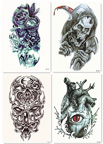 DaLin 4 Sheets Temporary Tattoos for Men Women, Skull Clock, Evil Eye
