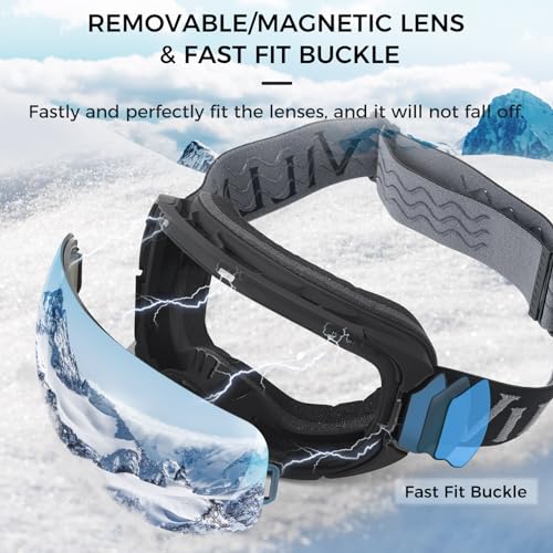 VILLNO Frameless Adult OTG Ski Goggles, Anti-Fog Snowboard Goggles with UV Protection, Snow Goggles for Men Women Silver, Wide View, Interchangeable Lens - Thumbnail 3