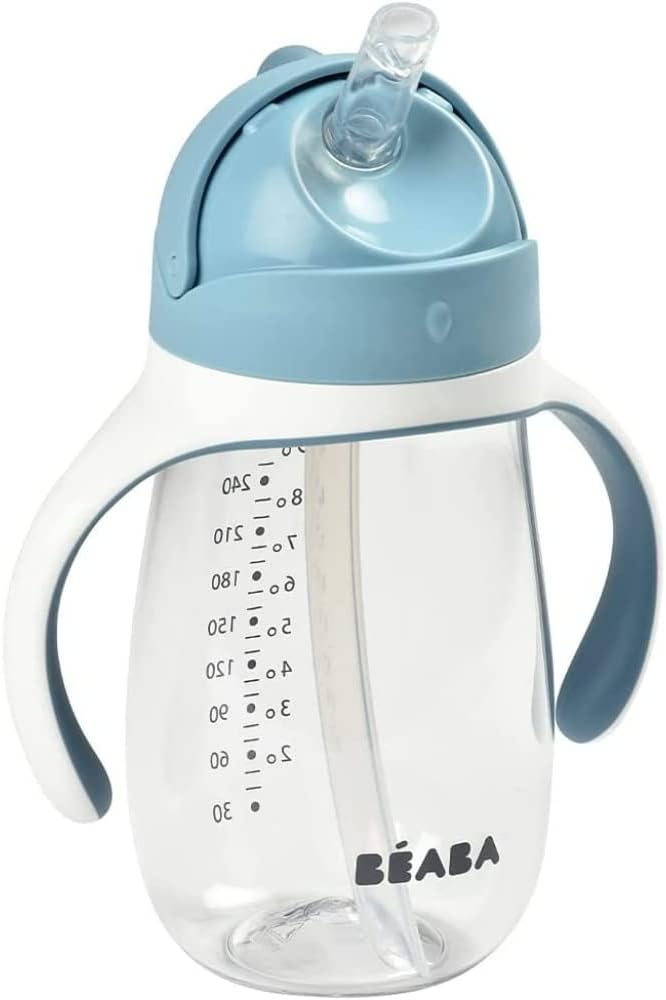 Beaba 2-in-1 Sipper Water Bottle, Anti Spill Straw Cup with Soft Silicone Straw for Toddlers, 100% Waterproof, Easy to Open, Removable Handles, Tritan and Silicone, 300 ml, Windy Blue, 8m+