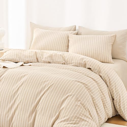 Image of Wake In Cloud - Striped Cotton Duvet Cover Set, Ticking Stripe Vertical Pinstripe Farmhouse, 100% Washed Cotton Textured Bedding Set, 3 Pieces, Tan, Twin /Twin XL Size