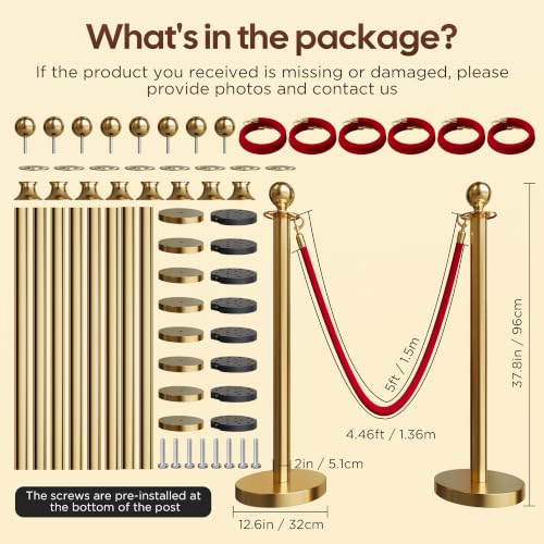 Image of 8 Pack Gold Stanchions and Velvet Ropes Set, Stainless Steel Crowd Control Barriers, 6Pcs Red Carpet Ropes and Poles for Party Supplies,Photobooth Accessories, Prom,Birthday,Business,Wedding, Museums