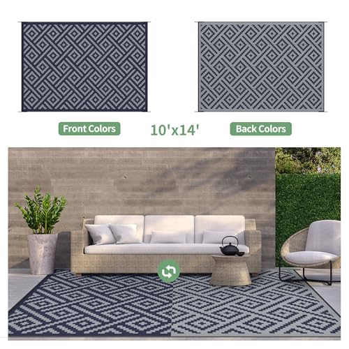 Image of GENIMO Outdoor Rug, Waterproof Plastic Rugs 10'x14' for Camping Blue Grey
