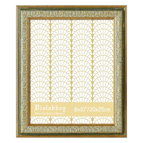 Image of VIOLABBEY 8x10 Picture Frame Green, Vintage Frames Ornate without Mat | Antique Photo Frame, Wall Hanging or Tabletop Display, HD Plexiglass, Wall Decor