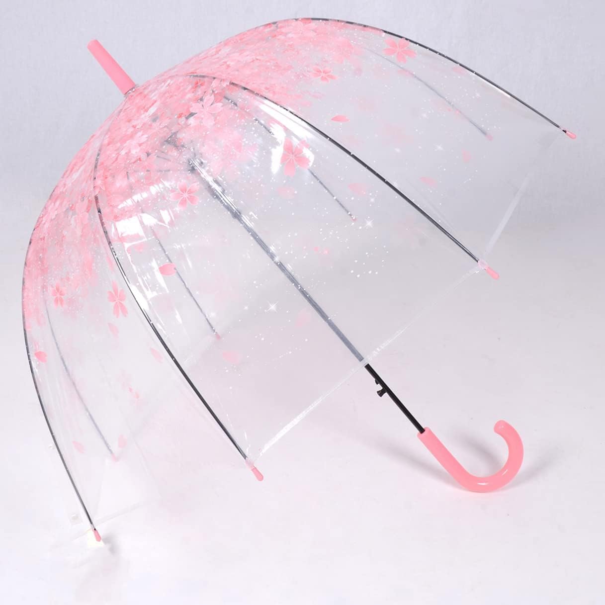 Clear Cherry Blossoms Umbrella,Clear J Hook Handle Stick Umbrella,Transparent Umbrellas Wedding,Pink Bubble Umbrellas for Kids and women - Image 2