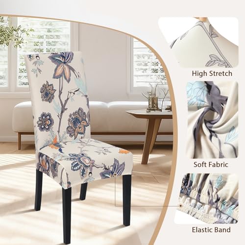Image of SearchI Dining Room Chair Covers Set of 4, Stretch Printed Floral Parsons Chair Slipcovers Spandex Removable Washable Kitchen Chair Protector Cover for Dining Room, Hotel, Ceremony (Beige+Flower)