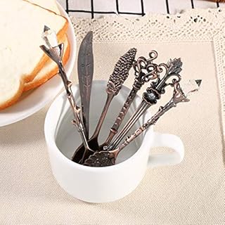 Ice Cream Spoon6pcs Retro Vintage Style Zinc Alloy Carved Coffee Ice Cream Fruit Dessert Spoons And Fork, Golden/Sliver/Red Brass/Antique Brass (Color : Red Brass)
