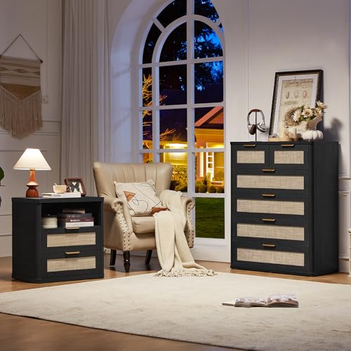 Image of LEYAOYAO Rattan Dresser for Bedroom Set of 2, 42 inch Tall Chest of Drawers, Modern 6 Drawers Boho Dressers with Storage, Light Oak Dresser Wooden Closet Organizer for Living Room, Hallway, Black
