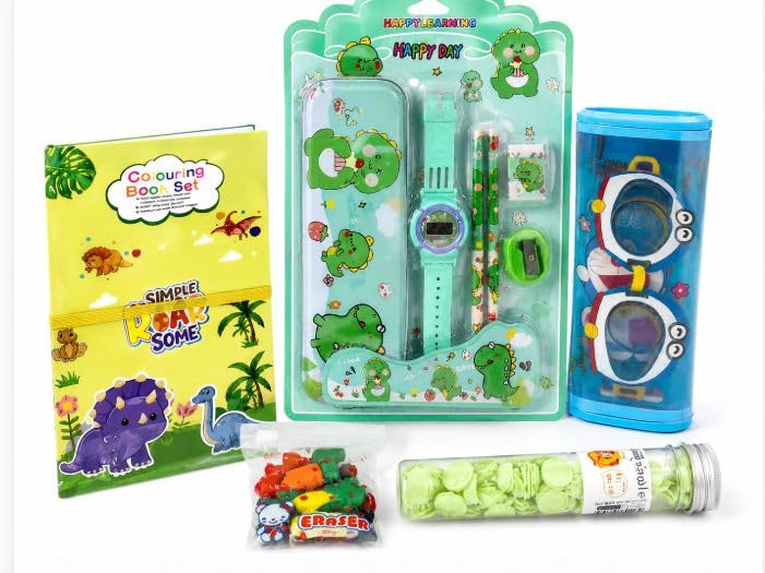 kids gift hamper | 5+ fun learning activity set | coloring book, stationery kit, pencil box, fancy erasers & washi tape, swiming glasses| birthday return gift for boys & girls (3+ years)