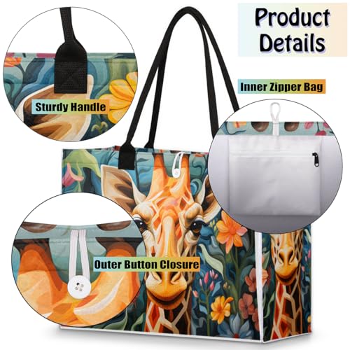 Giraffe Yellow Flower Tote Bag for Women Large Beach Bag Reusable Tote Bags for Work Travel Beach Shopping4