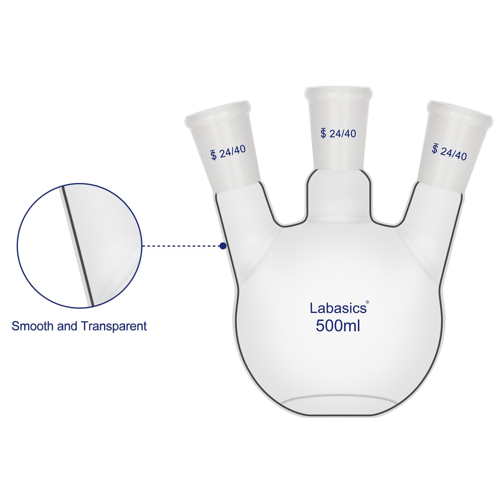 Labasics 3-Hals-Kolben mit Rundboden, Borosilikatglas, 24/40 Schliffe, für Laborexperimente, Destillation und Rückfluss, 500ml