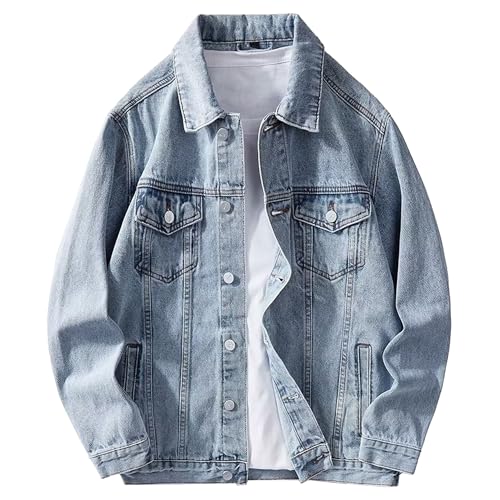 Men Distressed Handsome Lapel Denim Jacket Casual Street Fashion Work Jean Coat Classic Comfy Pocket Trucker Outerwear