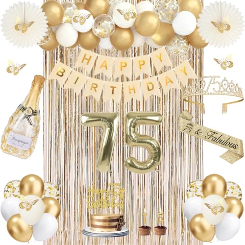 51Pcs 75th Birthday Decorations Champagne Gold 75th Birthday Decorations for Women 75 Sash and Crown Banner Fringe Curtains Hanging Paper Fans 75 Year Old Party Supplies Set