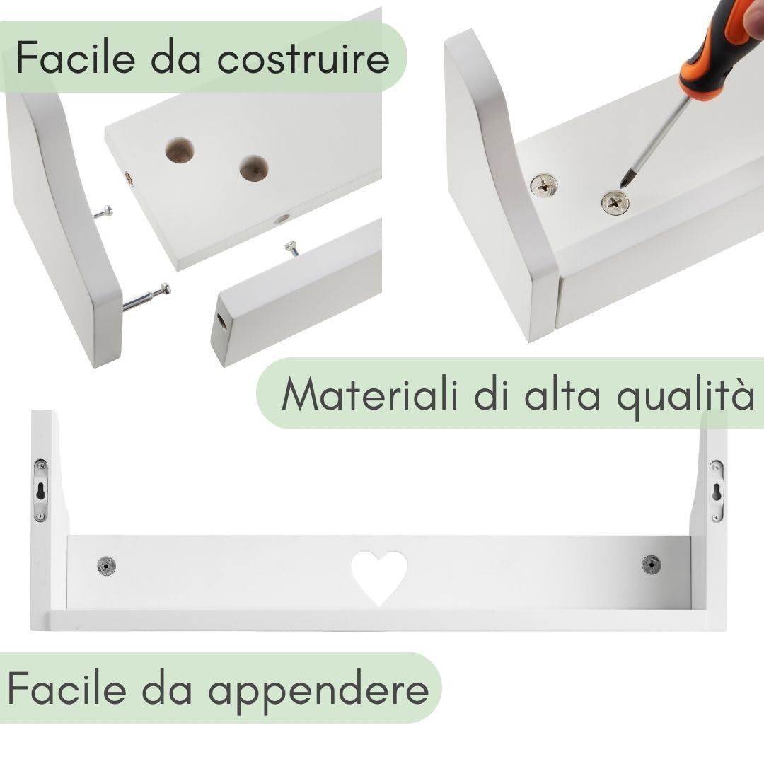 Haus Projekt Mensola a Parete per Bambini Cuore Scaffale Libreria Bambini, Mensole Cameretta, Organizer, Soluzione di Stoccaggio Multiuso a Parete, Heart Chubby Shelf (Pacchetto 3, Pino) 50x10x16cm