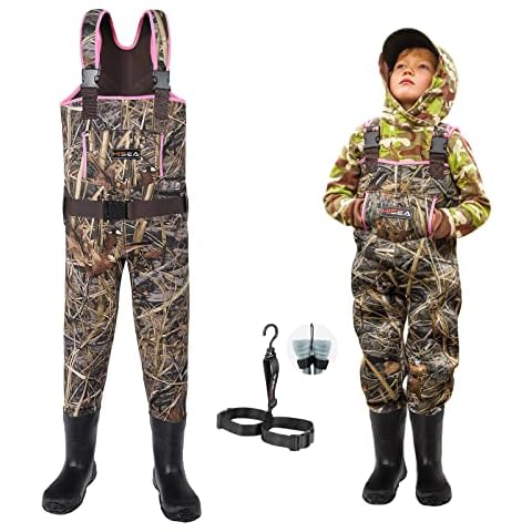 HISEA Kids Chest Waders Neoprene Fishing Waders for Toddler & Children Youth Duck Hunting Waders for Kids Boy and Girl with Waterproof Insulated Cleated Boots Cover