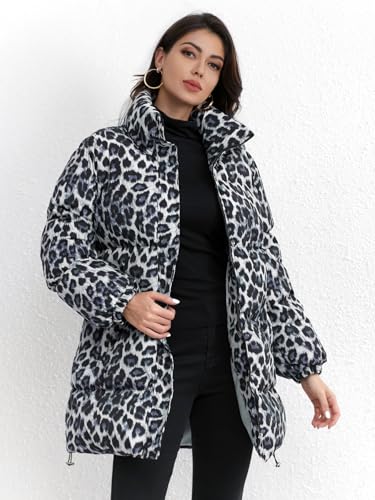 utcoco Womens 2024 Fashion Leopard Padded Puffer Coat Stand Collar Full Zip Winter Warm Down Coat Parka Overcoat2