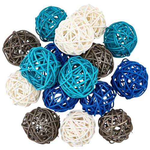 SUNNYCLUE 4 Couleur 16 Pièces Boules Décoratives en Osier et Rotin de 50mm /2 pouces en Vrac Petites Boules Rondes Bleues Blanches et Noires pour Centre de...