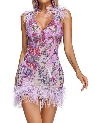 BELLA BARNETT Purple Feather Dress Floral Sequin Dress for Women Embroidery Birthday Dress Glitter Cocktail Dress