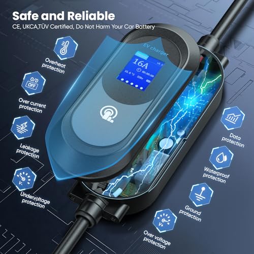 Mobile Wallbox 11 kW Charger Type 2, [6 m, 3-Phase] Charging Cable Type 2 CEE Plug, 6-16A EV Charger Type 2 Charging Cable, Schuko, EV Charger and Mobile Charging Station, Timed Charging