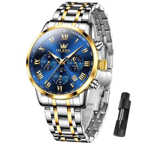 Image of OLEVS Men Multifunction Watch, Multi Dial Waterproof Luminous Chronograph Men's Watch with Date Gift for Men,Stainless Steel Watches for Men,Classic Men Wrist Watch, gold sliver band blue face-5529G