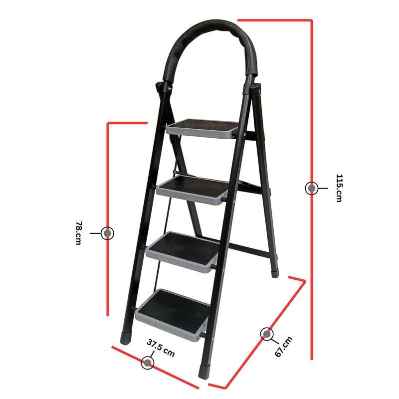 Image of TNT The Next Trend 4 Step Steel Step-Ladder for Home | Heavy Duty Foldable Ladder with Wide Ant-Slip Steps and Anti-Skid Shoes - Black