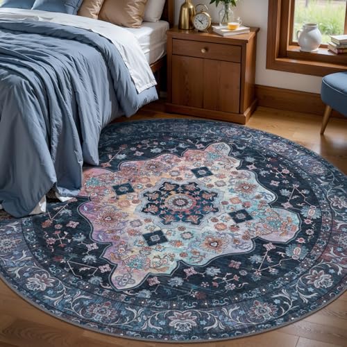 Image of Tangsoo Washable Round Area Rugs 6ft, Vintage Non Slip Large Circle Rug