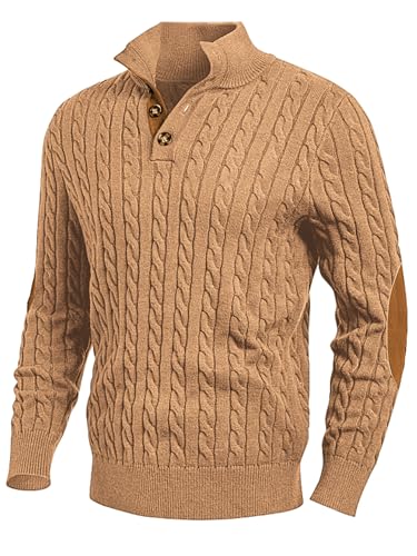 Image of JMIERR Men's Cable Knit Pullover Sweater Casual Long Sleeve Stand Collar Button Knitted Sweaters