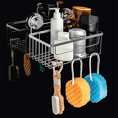 Hasko Accessories Vacuum Suction Cup Shower Caddy | Deep Basket Organizer For Shampoo With Hooks | Adhesive 3M Stick Discs | Holder For Bathroom Storage | Polished Stainless Steel Ss304 #TOP2