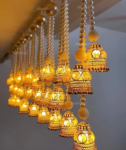 Divyakosh Wall Hangings For Home Decoration, Set Of 2 Diwali Lights, Handmade Diwali Decoration Wall Hangings, Door Valance Hanging With LED T-Lights For Wedding Décor,Beads,Gold, 12 Inches