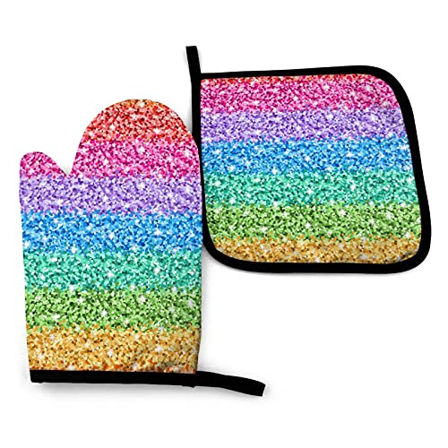 Perinsto Multicolor Gradient Sparkle Oven Mitts & Pot Holders Kitchen Set Heat Resistant Rainbow Glitter Decorative Cooking Gloves Microwave Oven Gloves For Baking Grilling Bbq #TOP23
