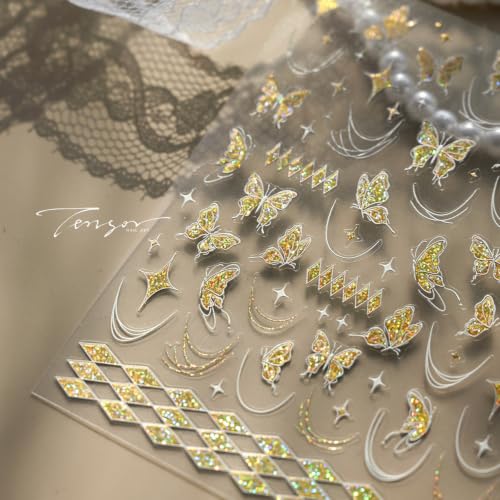 Image of Gold Butterfly Nail Stickers for Nail Art Glitter Nail Decals Shiny 5D Embossed Self Adhesive Nails Art Stickers for Women Manicure Decoration Accessories Supply