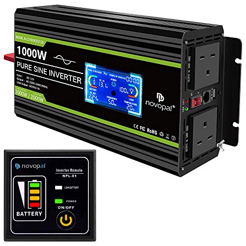 NOVOPAL Convertisseur d'onde sinusoïdale pure 1000 W 12 V vers 230 V 240 V pour voiture avec écran LCD 2 prises CA et port USB,Télécommande pour camping-car, camion, bateau, maison, camionnette Cover