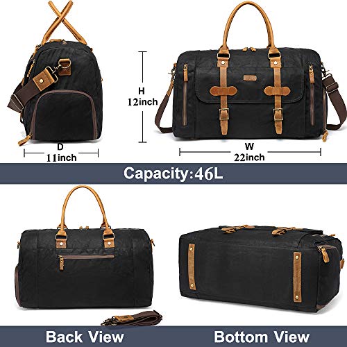 Canvas Duffel Bag,Vaschy Water-Resistant Waxed Canvas Duffle Large Leather Overnight Travel Bag with Shoe Compartment 46L Carry-on Holdall Baggage Weekend Bag