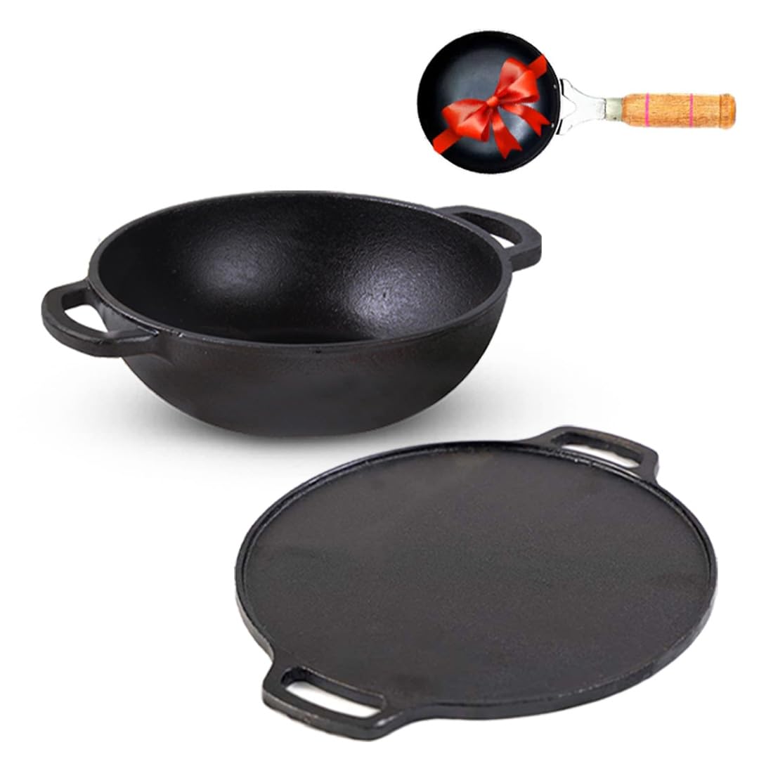 The Indus ValleyPre-Seasoned Cast Iron Cookware Set + Free Iron Tadka Pan | Kadai (25.4Cm/2.3L) + Tawa (30.5Cm) | Kitchen Cooking Combo Pots And Pans Set Of 3Pcs | Naturally Nonstick - Black