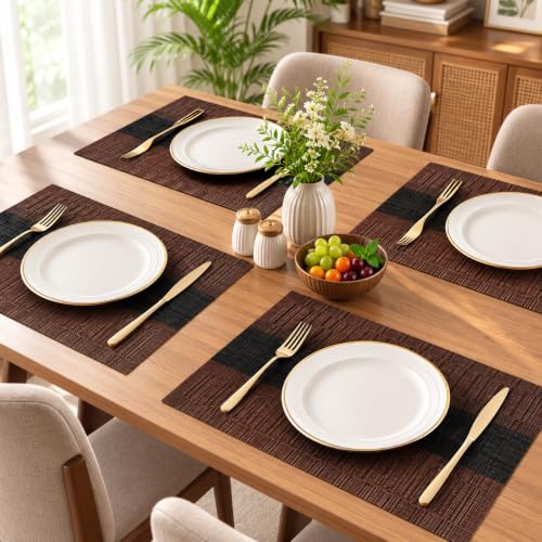 Image of OXSAM Placemats, Heat Insulation Non-Slip Vinyl mats, Stain-Resistant Tablemats for Home and cafe Dining Table Decor (Brown & Black, Pack of 6)