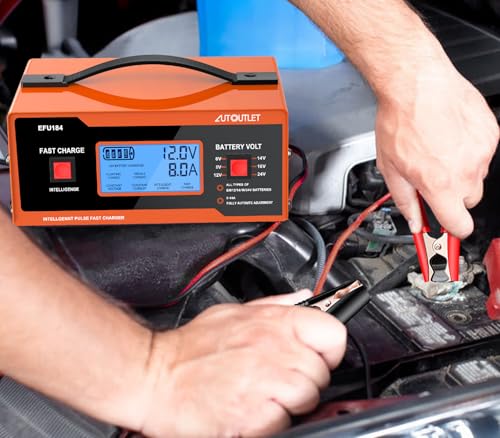 Image of AUTOUTLET 8V Car Battery Charger, 0-14A Fully Automatic 6 /8 /12 /14 /16 /2 Lead-Acid Battery Charger & Maintainer with 7-Stage Charging, Overcharge Protection, Reverse Polarity LED Indicator, 80cm Cable
