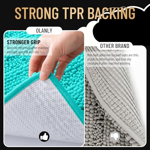 Image of OLANLY Thick Small Bathroom Rugs 24x16, Extra Soft Absorbent Chenille Striped Bath Rugs, Rubber Backing, Machine Wash, Bath Mats for Bathroom Floor, Tub and Shower, Home Decor Accessories, Teal