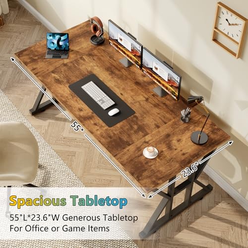 Image of 55 inch Large Computer Desk with Thickened Frame for Home Office, Living Room | Modern Simple Executive Desk, Larger Gaming Desk with X-Shaped ReInchforcement, Rustic Brown