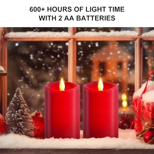 Image of 2PCS, 3 x 5 inches Flameless Candle with Remote Control, 3D Flickering Wick, Real Wax Pillar LED Candles, Battery Operated Candles,with Timer,for Holiday Home Decor, Red