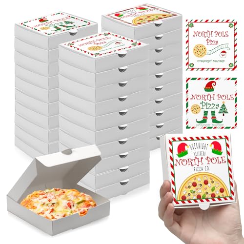 WANGDEFA 50 Set Mini Pizza Boxes - Red & White, 3.54 x 3.54 x 0.78 inches, Three Sticker Styles for Valentine's Day & Weddings