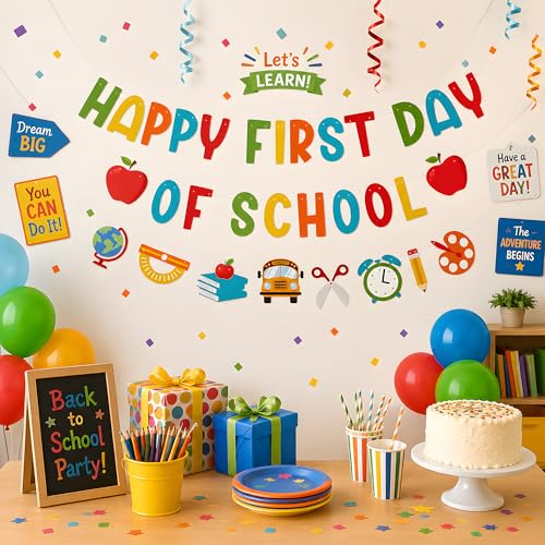 Image of Back to School Decorations - Happy First Day of School Banner Sign Decor for Indoor Outdoor | Back To School Garland Backdrop - Hanging Classroom Decor Party Favors Supplies