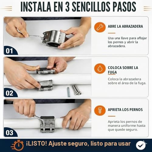 Abrazadera de acero inoxidable para reparación de tuberías, 3,5" (87-91 mm), sellador de fugas resistente, tuberías de metal y PVC, mantenimiento de emergencia de tuberías rotas o agrietadas.