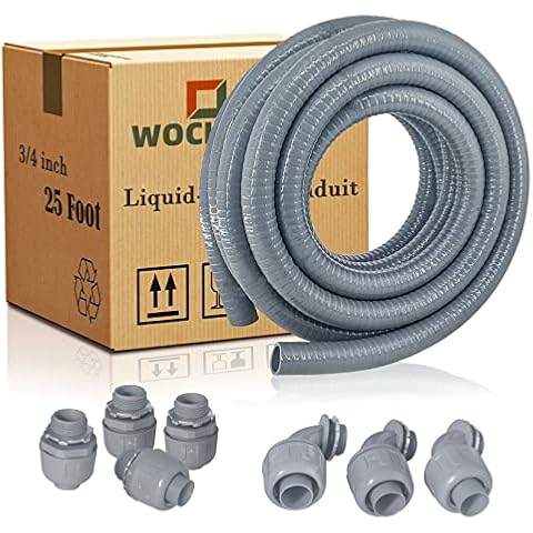 Wocloer Liquid-Tight Conduit - 3/4inch 25 Foot Flexible Non Metallic Liquid Tight Electrical Conduit Kit, With 4 Straight and 3 90-Degree Conduit Connector Fittings.3/4" Dia Cover