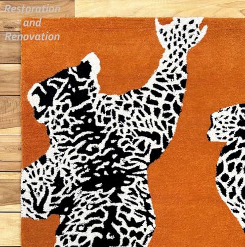 Image of Restoration and Renovation Climbing Jaguar Modern Handmade Wool Rug for Living Room, Bedroom and Dining Room (Orange, 5' x 8')