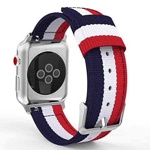MaKTech Woven Nylon Stripe Apple Watch Band Compatible with Apple Watch Series 7/6/SE/5/2021 (45mm/44mm,Blue/White/Red)
