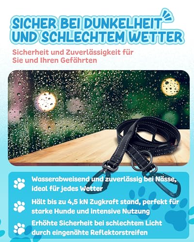 KURI PAI® Hundeleine für große Hunde aus Nylon mit Sicherheitskarabinern | Reflektierend und Wasserabweisend | Verstellbare Längen 1,50m - 2,60m, Ideal für Große und Mittelgroße Hunde (Schwarz)