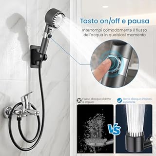 Soffione doccia con filtro, doccetta ad alta pressione con tubo, doccetta aumenta la pressione con 4 tipi di getto e funzione di arresto, per acqua dura, cloro residuo, batteri, metalli pesanti