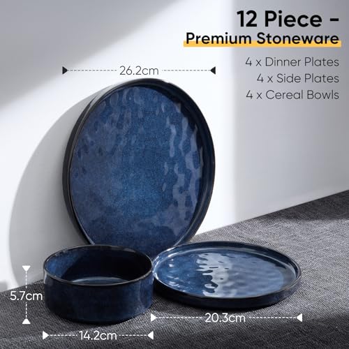 Homikit 12 Piece Dinner Sets, Reactive Glaze Plates and Bowls Set for 4 People, Elegant Dinnerware Stoneware for Kitchen Dinner Camping, Scratch Resistant, Dishwasher & Microwave Safe, Nebulas Blue - Image 3