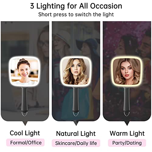 Portable Lighted Hand Mirror With 3 Light Color & Dimmable, 6.2'' X 5.9'' Makeup Mirror, Wide Viewing Angle, Lightweight & Durable, 4 Aaa Battery Operated, Versatile & Hangable For Makeup Application #TOP2